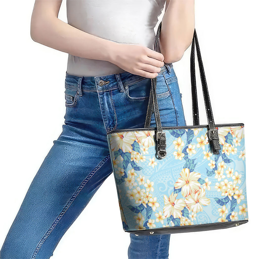 Hawaii Hibiscus Plumeria Blue Leather Tote Bag Polynesian Pattern LT01 - Polynesian Pride
