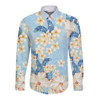 Hawaii Hibiscus Plumeria Blue Long Sleeve Button Shirt Polynesian Pattern