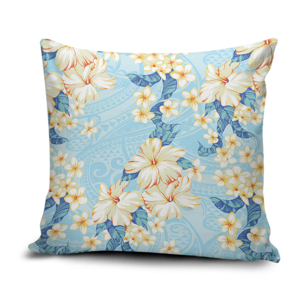 Hawaii Hibiscus Plumeria Blue Pillow Cover Polynesian Pattern