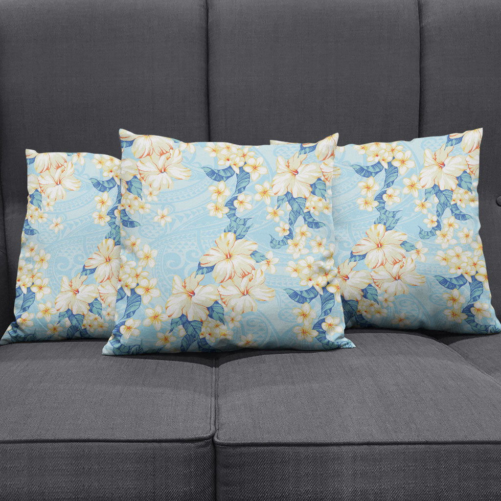 Hawaii Hibiscus Plumeria Blue Pillow Cover Polynesian Pattern