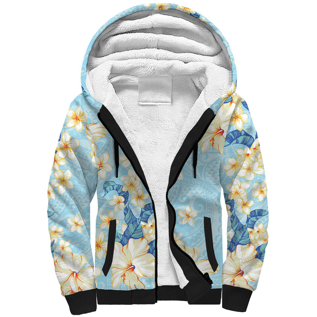 Hawaii Hibiscus Plumeria Blue Sherpa Hoodie Polynesian Pattern