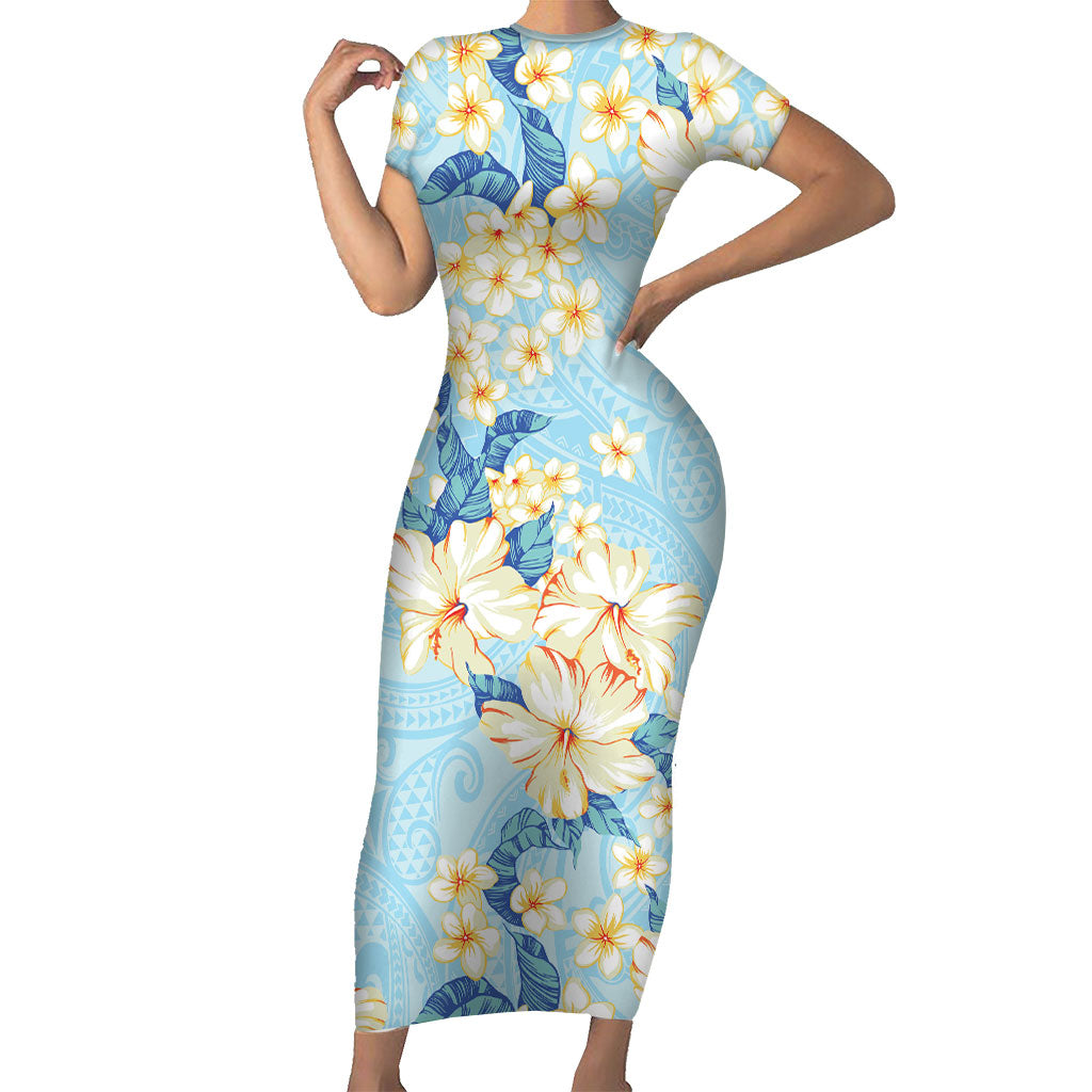 Hawaii Hibiscus Plumeria Blue Short Sleeve Bodycon Dress Polynesian Pattern LT01 Long Dress Blue - Polynesian Pride