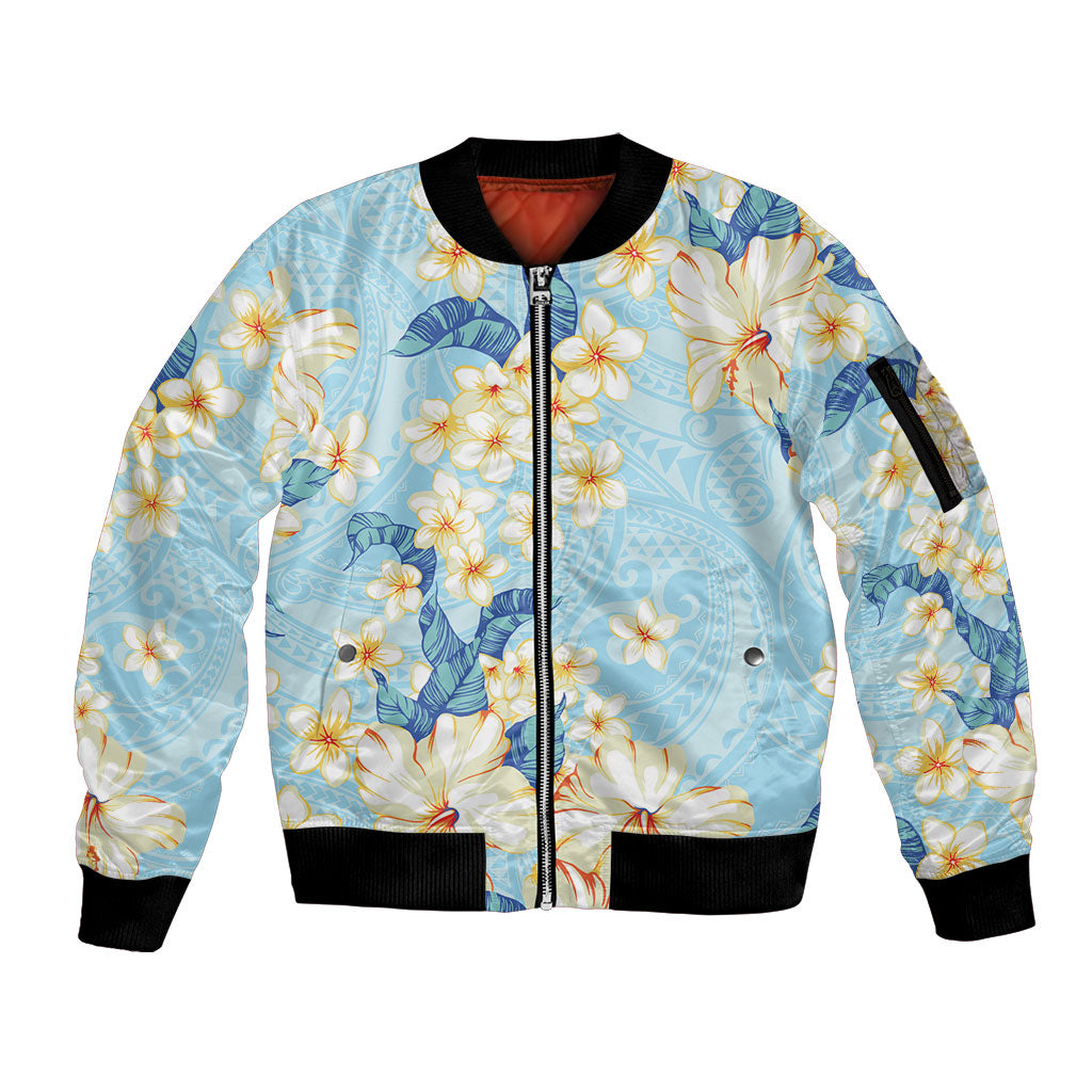 Hawaii Hibiscus Plumeria Blue Sleeve Zip Bomber Jacket Polynesian Pattern LT01 Unisex Blue - Polynesian Pride
