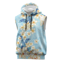 Hawaii Hibiscus Plumeria Blue Sleeveless Hoodie Polynesian Pattern