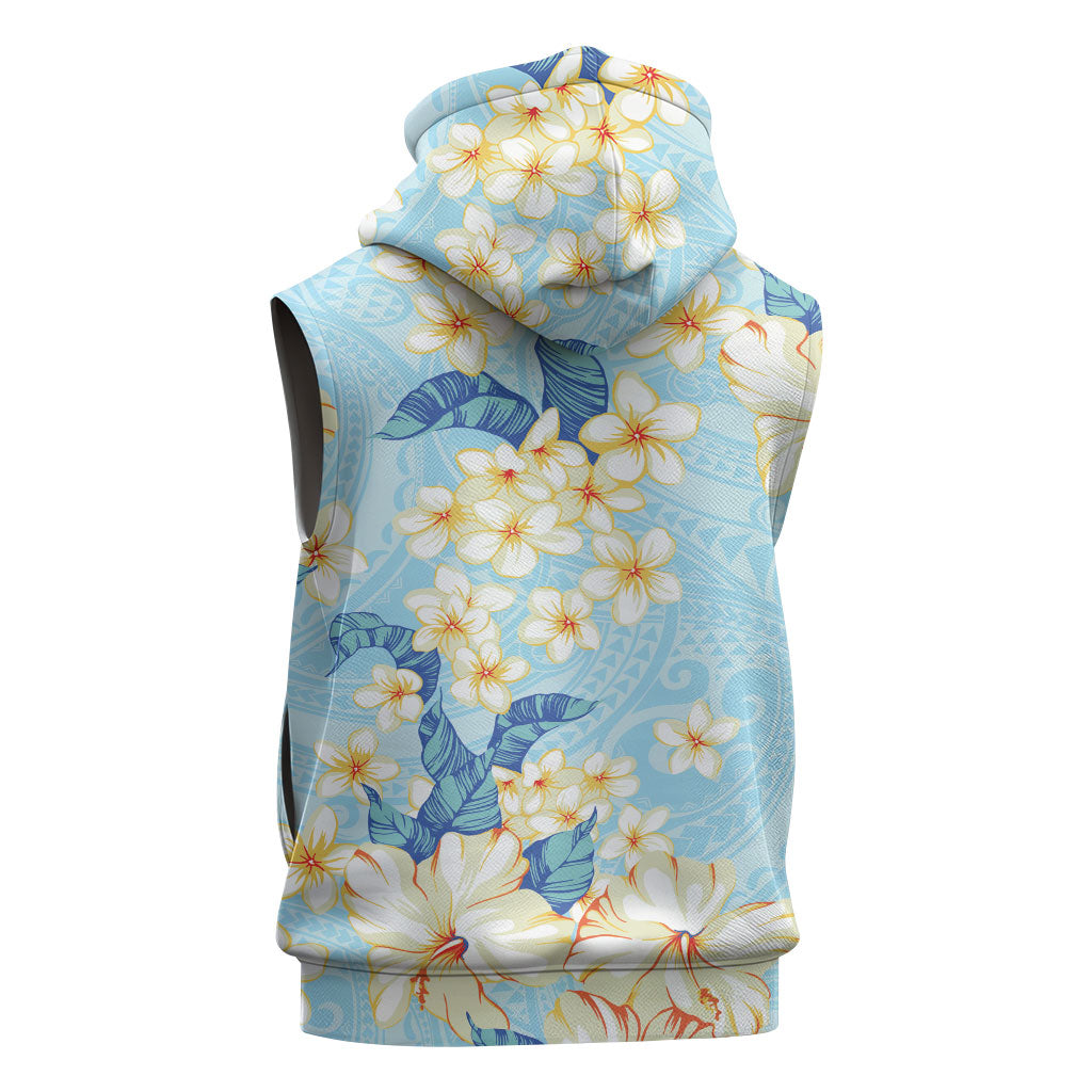 Hawaii Hibiscus Plumeria Blue Sleeveless Hoodie Polynesian Pattern