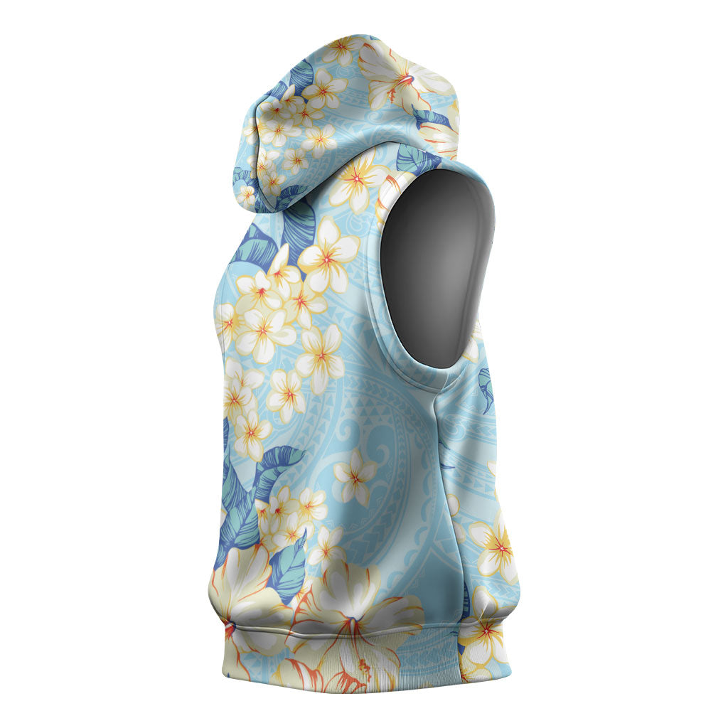 Hawaii Hibiscus Plumeria Blue Sleeveless Hoodie Polynesian Pattern