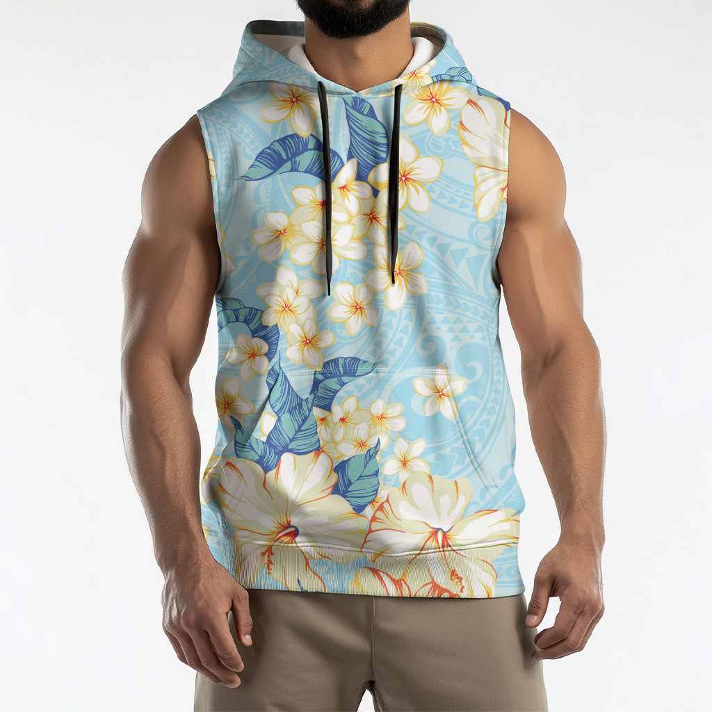 Hawaii Hibiscus Plumeria Blue Sleeveless Hoodie Polynesian Pattern