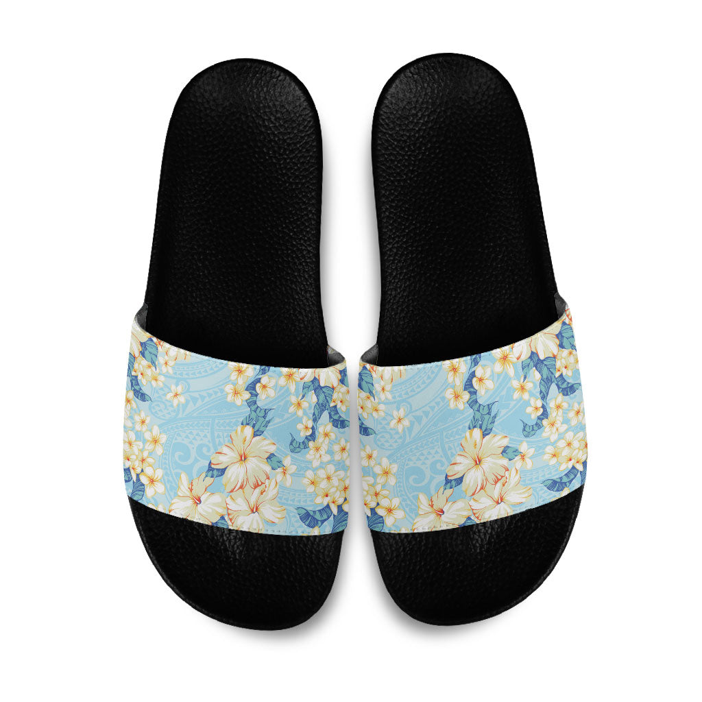 Hawaii Hibiscus Plumeria Blue Slide Sandals Polynesian Pattern
