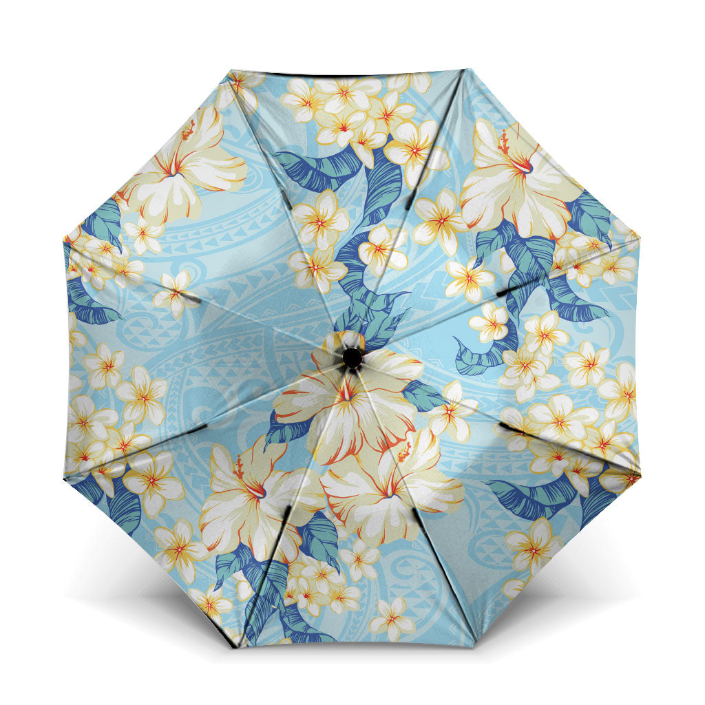Hawaii Hibiscus Plumeria Blue Umbrella Polynesian Pattern