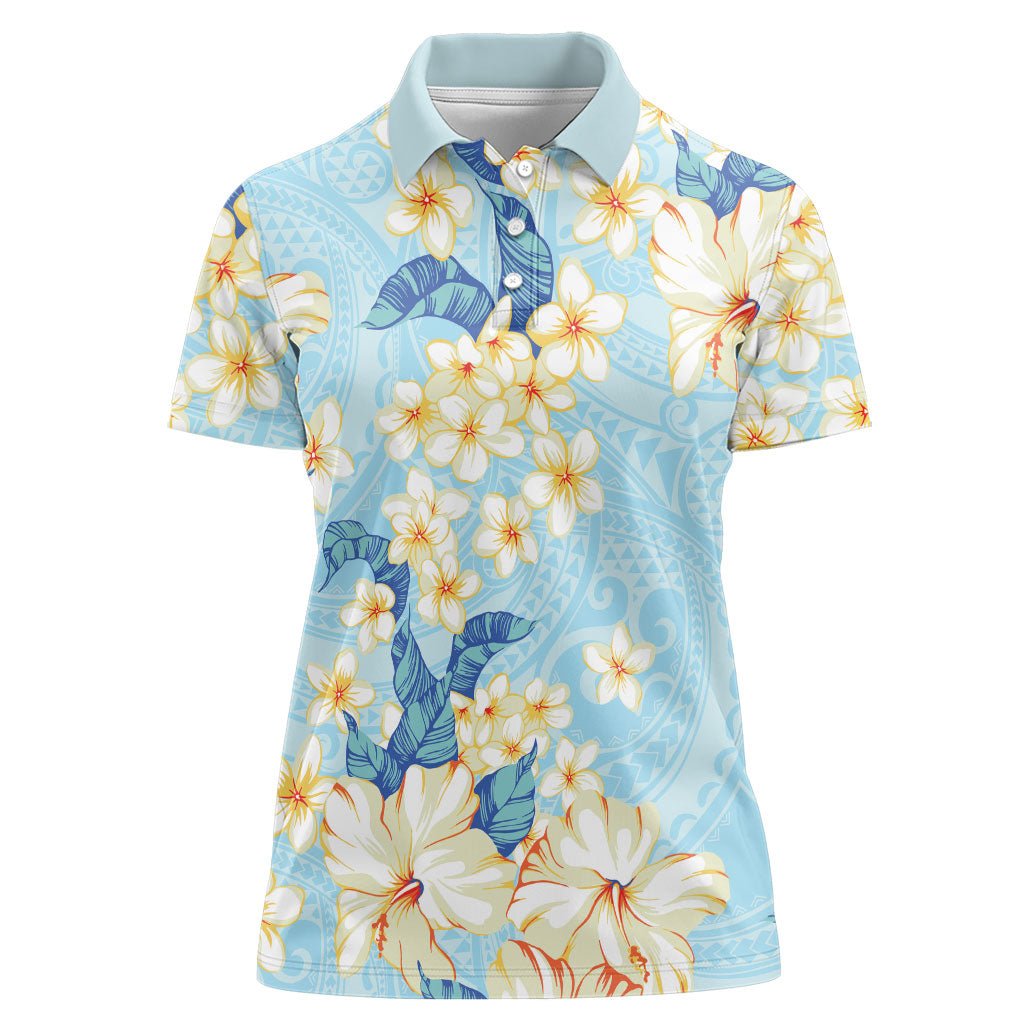 Hawaii Hibiscus Plumeria Blue Women Polo Shirt Polynesian Pattern