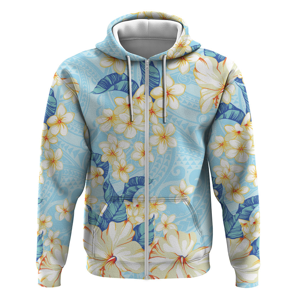 Hawaii Hibiscus Plumeria Blue Zip Hoodie Polynesian Pattern LT01 Zip Hoodie Blue - Polynesian Pride