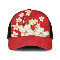 Hawaii Hibiscus Plumeria Red Baseball Net Cap Polynesian Pattern