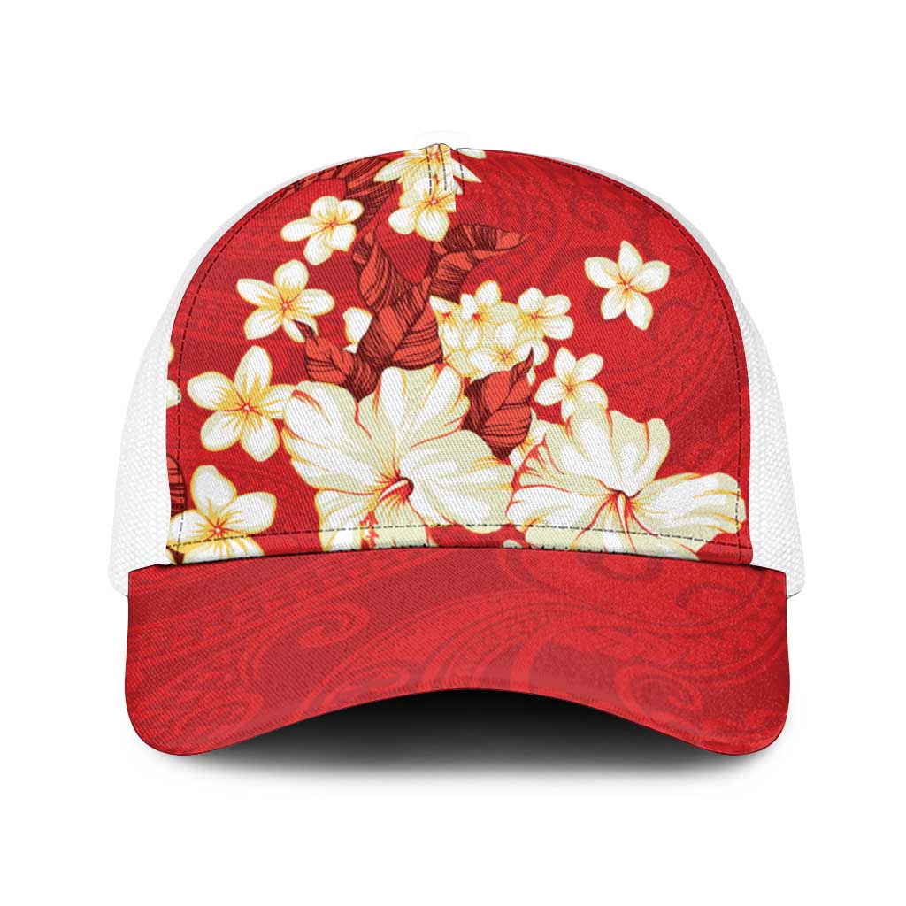 Hawaii Hibiscus Plumeria Red Baseball Net Cap Polynesian Pattern