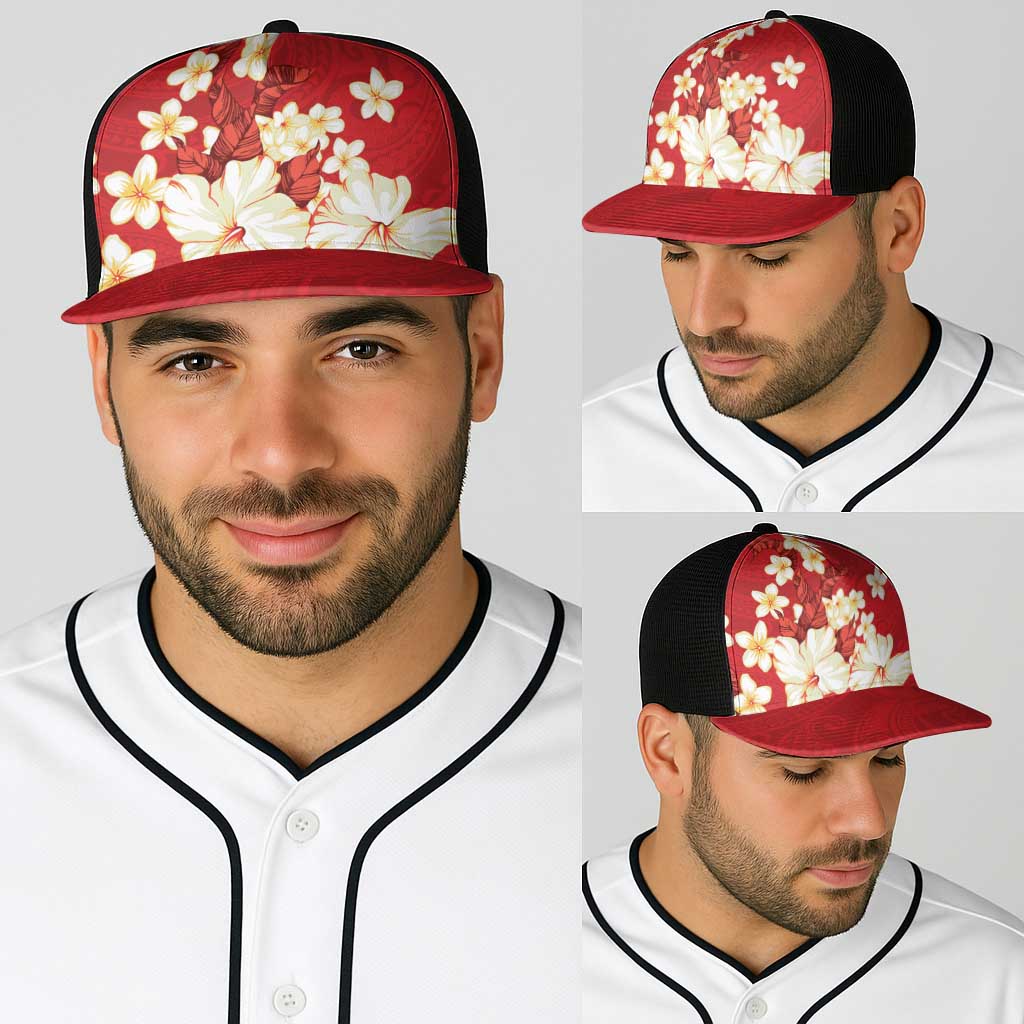 Hawaii Hibiscus Plumeria Red Baseball Net Cap Polynesian Pattern