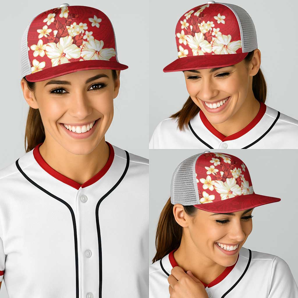 Hawaii Hibiscus Plumeria Red Baseball Net Cap Polynesian Pattern