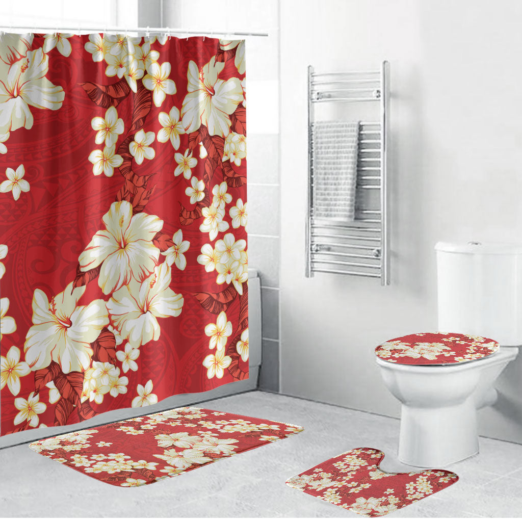 Hawaii Hibiscus Plumeria Red Bathroom Set Polynesian Pattern