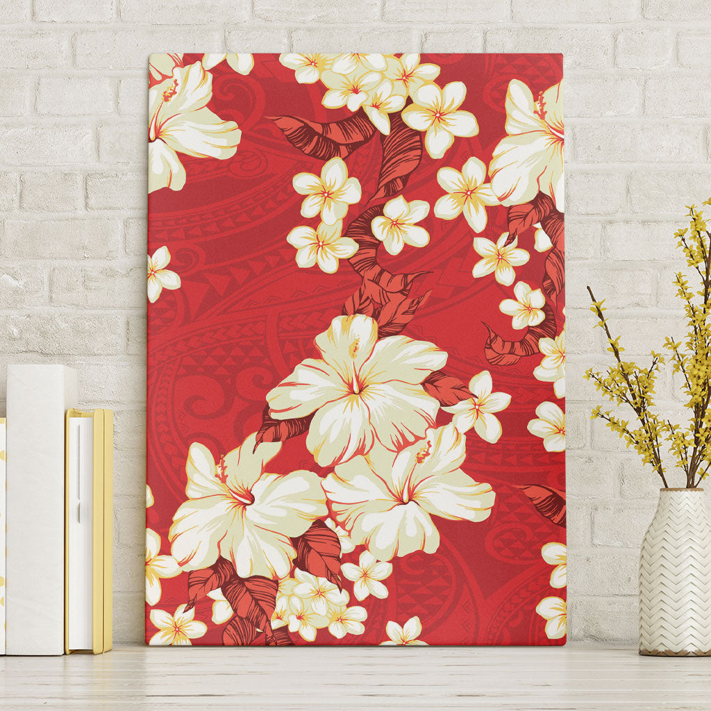 Hawaii Hibiscus Plumeria Red Canvas Wall Art Polynesian Pattern
