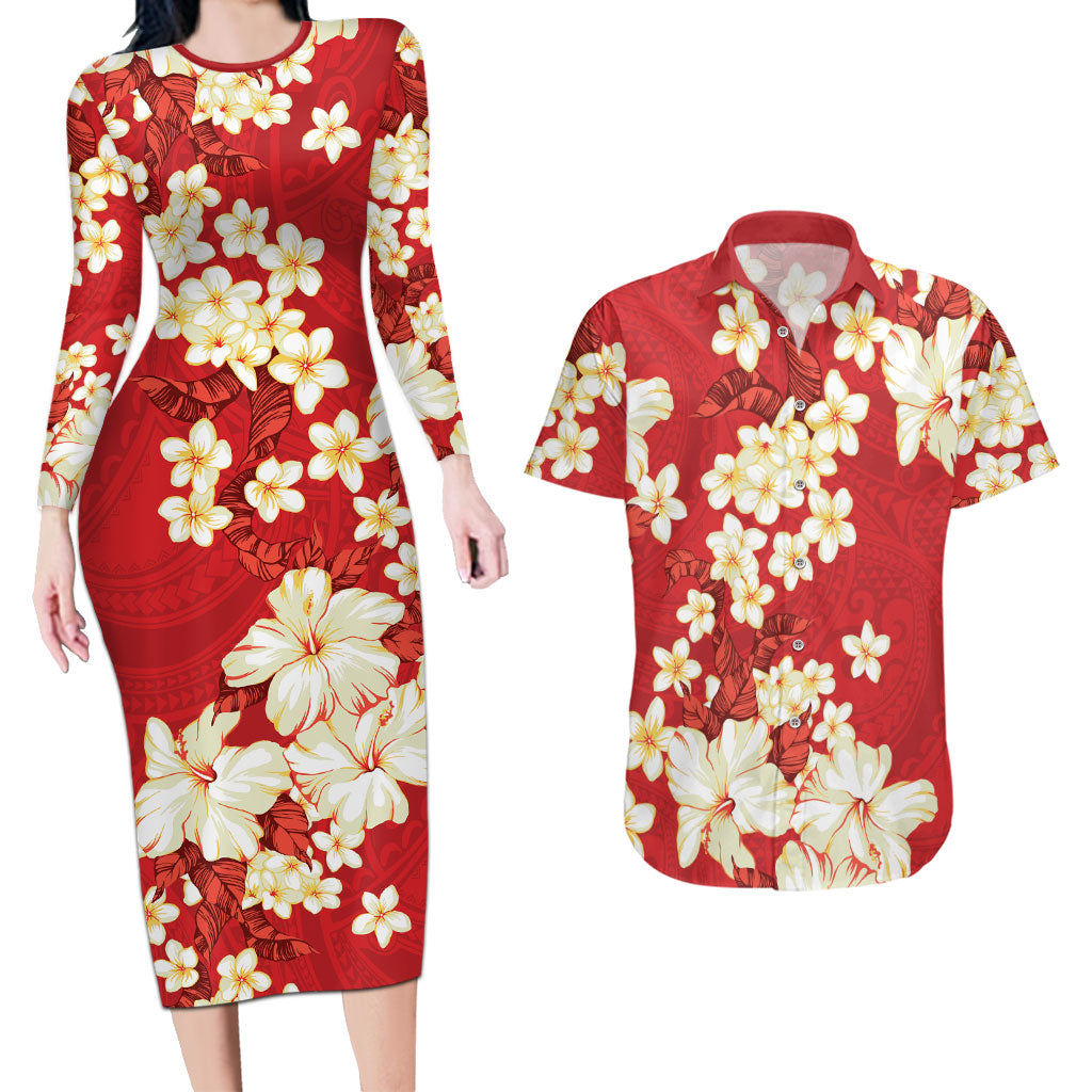 Hawaii Hibiscus Plumeria Red Couples Matching Long Sleeve Bodycon Dress and Hawaiian Shirt Polynesian Pattern