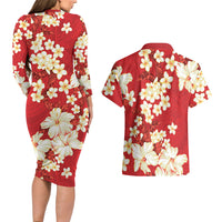 Hawaii Hibiscus Plumeria Red Couples Matching Long Sleeve Bodycon Dress and Hawaiian Shirt Polynesian Pattern