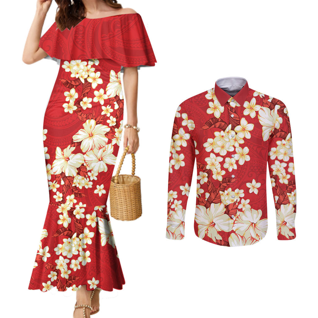 Hawaii Hibiscus Plumeria Red Couples Matching Mermaid Dress and Long Sleeve Button Shirt Polynesian Pattern LT01 Red - Polynesian Pride