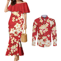 Hawaii Hibiscus Plumeria Red Couples Matching Mermaid Dress and Long Sleeve Button Shirt Polynesian Pattern LT01 Red - Polynesian Pride