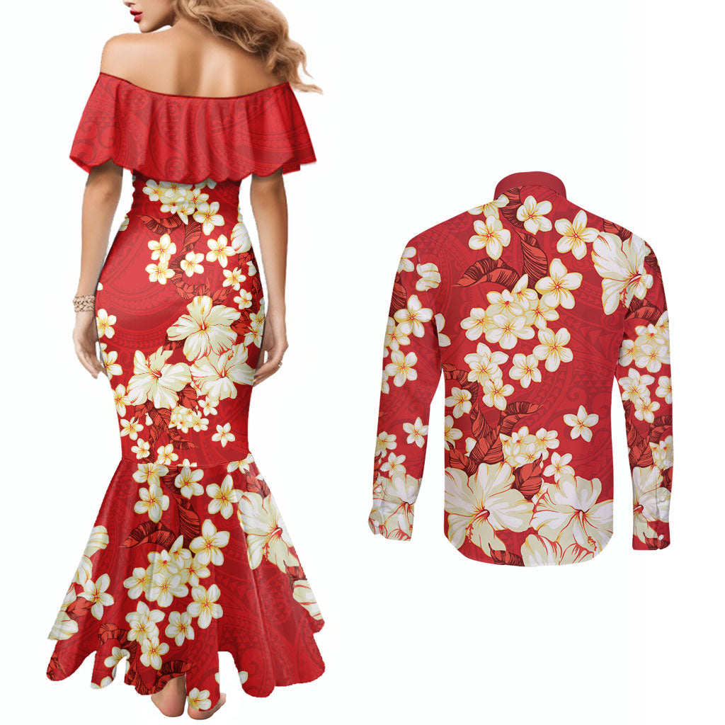 Hawaii Hibiscus Plumeria Red Couples Matching Mermaid Dress and Long Sleeve Button Shirt Polynesian Pattern LT01 - Polynesian Pride