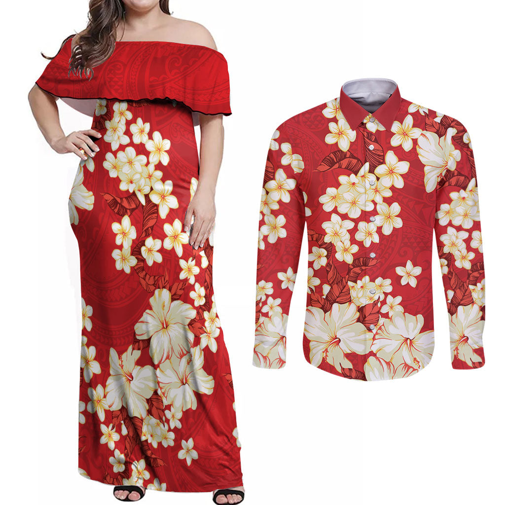Hawaii Hibiscus Plumeria Red Couples Matching Off Shoulder Maxi Dress and Long Sleeve Button Shirt Polynesian Pattern