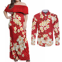 Hawaii Hibiscus Plumeria Red Couples Matching Off Shoulder Maxi Dress and Long Sleeve Button Shirt Polynesian Pattern