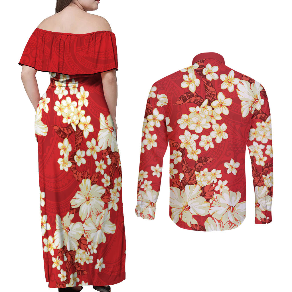 Hawaii Hibiscus Plumeria Red Couples Matching Off Shoulder Maxi Dress and Long Sleeve Button Shirt Polynesian Pattern