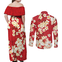 Hawaii Hibiscus Plumeria Red Couples Matching Off Shoulder Maxi Dress and Long Sleeve Button Shirt Polynesian Pattern