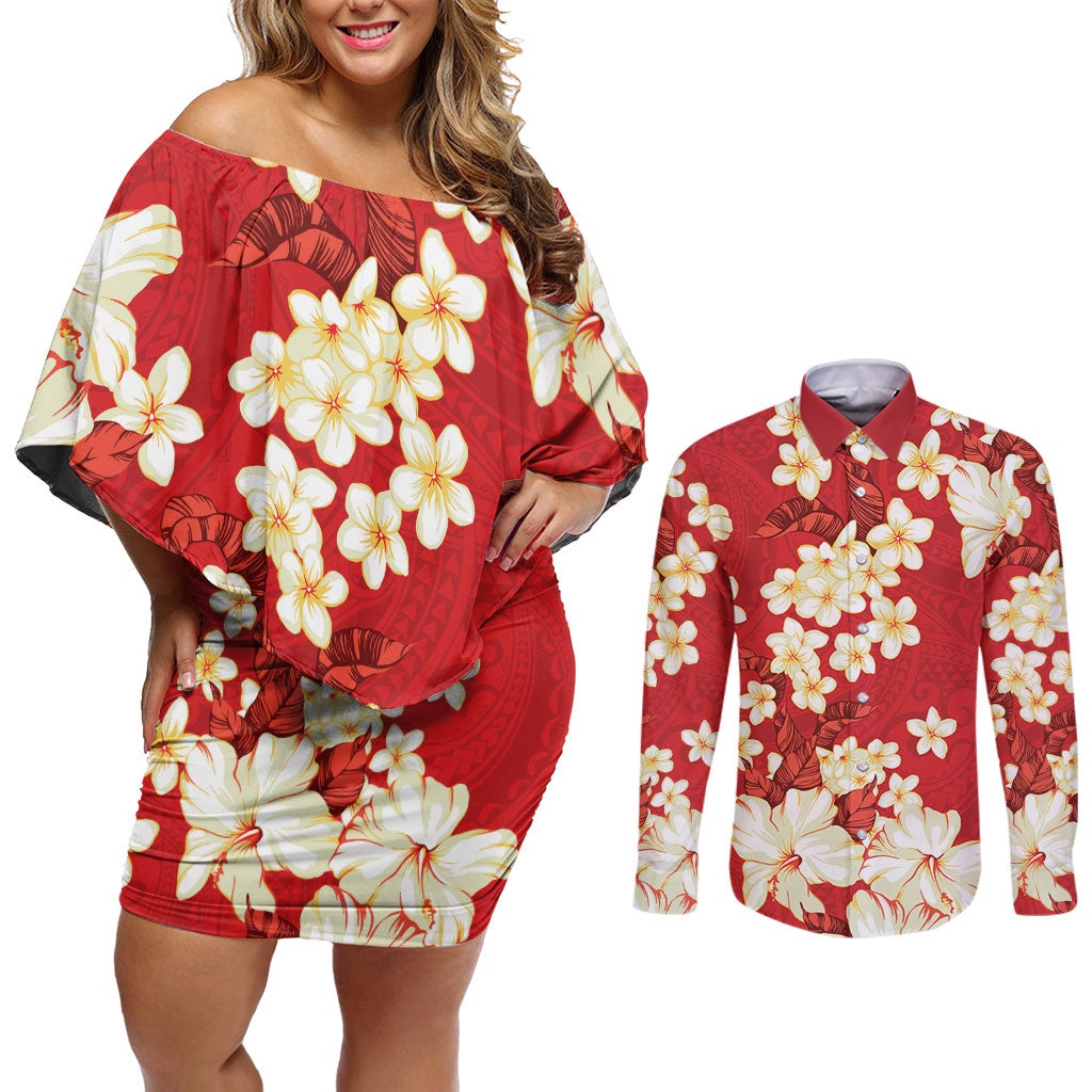 Hawaii Hibiscus Plumeria Red Couples Matching Off Shoulder Short Dress and Long Sleeve Button Shirt Polynesian Pattern LT01 Red - Polynesian Pride