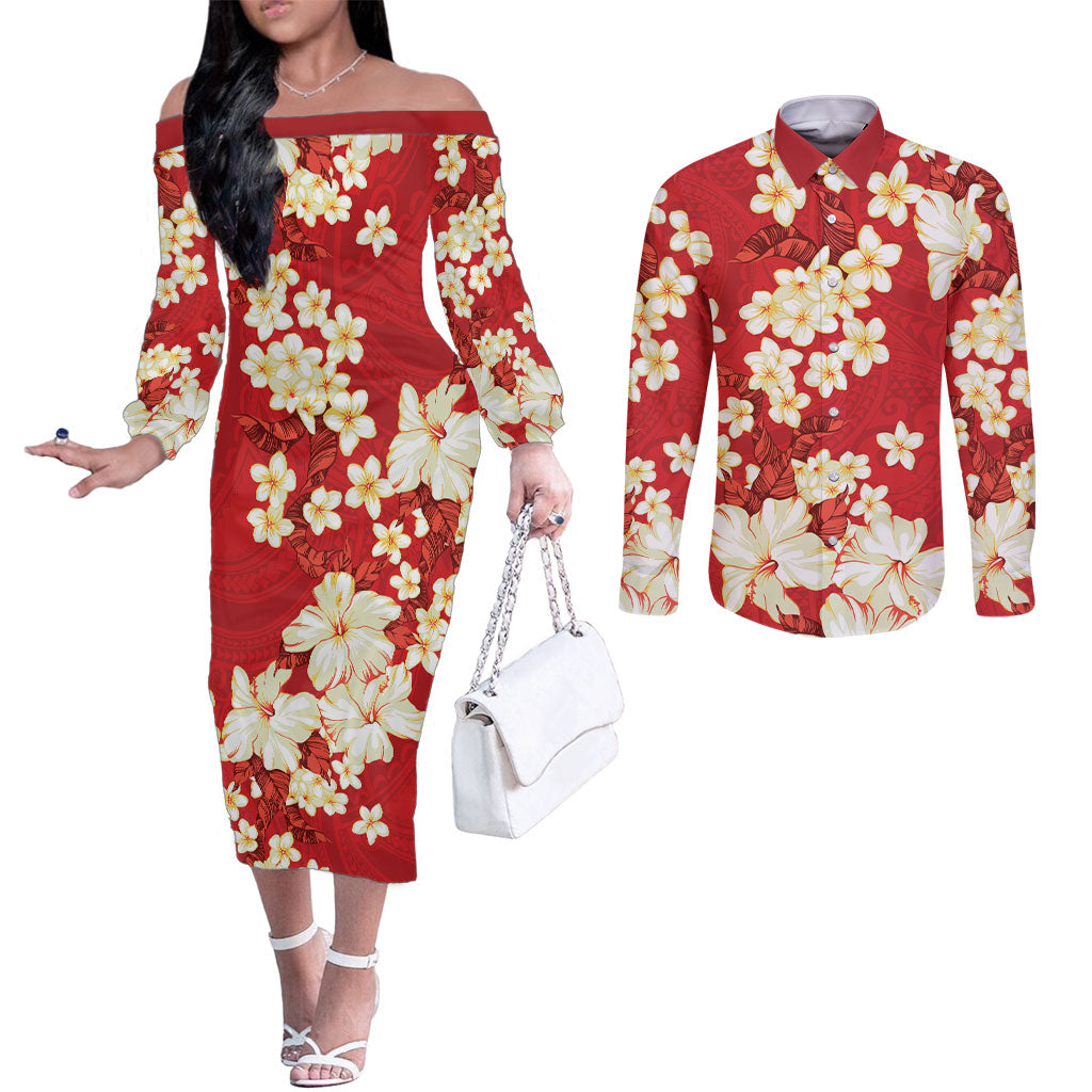 Hawaii Hibiscus Plumeria Red Couples Matching Off The Shoulder Long Sleeve Dress and Long Sleeve Button Shirt Polynesian Pattern
