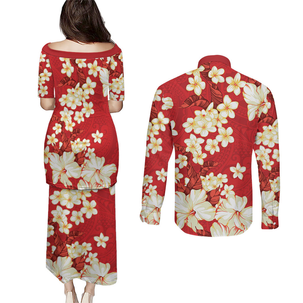 Hawaii Hibiscus Plumeria Red Couples Matching Puletasi and Long Sleeve Button Shirt Polynesian Pattern LT01 - Polynesian Pride