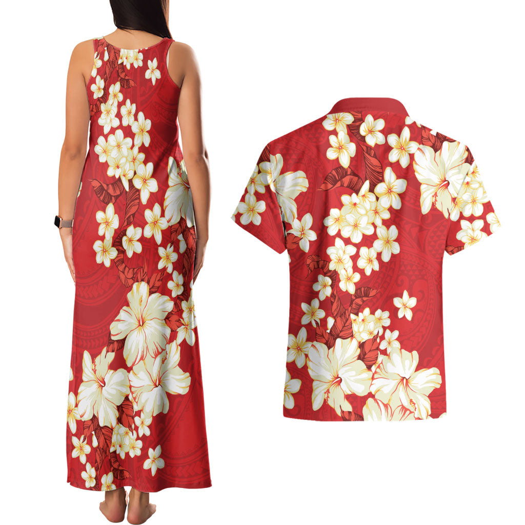 Hawaii Hibiscus Plumeria Red Couples Matching Tank Maxi Dress and Hawaiian Shirt Polynesian Pattern LT01 - Polynesian Pride