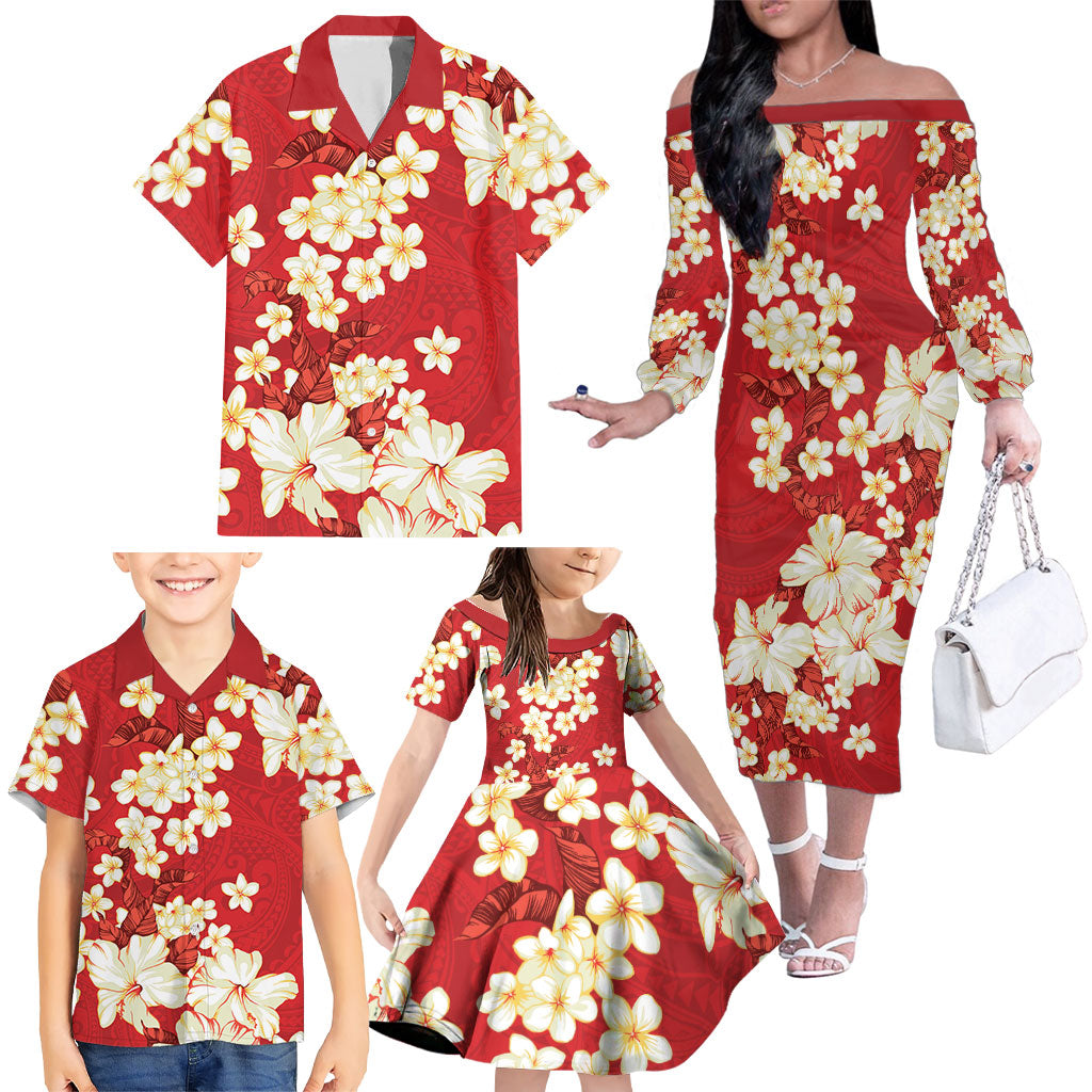 Hawaii Hibiscus Plumeria Red Family Matching Off The Shoulder Long Sleeve Dress and Hawaiian Shirt Polynesian Pattern