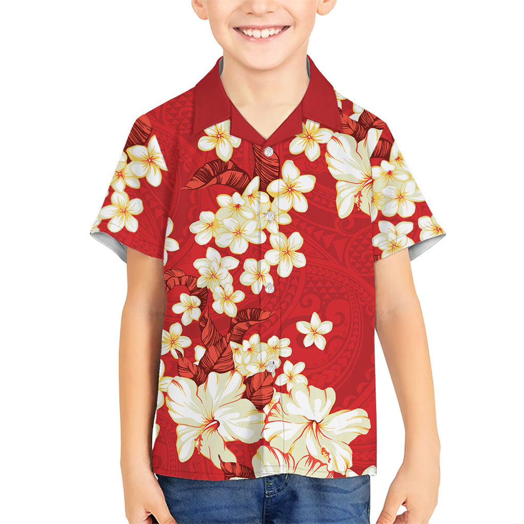 Hawaii Hibiscus Plumeria Red Family Matching Off The Shoulder Long Sleeve Dress and Hawaiian Shirt Polynesian Pattern LT01 Son's Shirt Red - Polynesian Pride