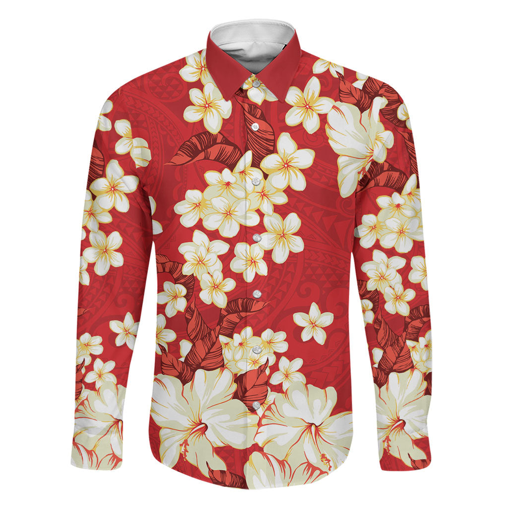 Hawaii Hibiscus Plumeria Red Family Matching Off Shoulder Maxi Dress and Hawaiian Shirt Polynesian Pattern LT01 Dad's Shirt - Long Sleeve Red - Polynesian Pride