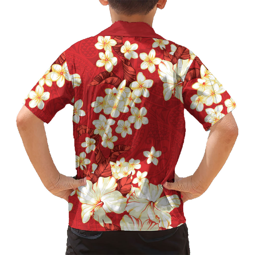 Hawaii Hibiscus Plumeria Red Family Matching Off Shoulder Short Dress and Hawaiian Shirt Polynesian Pattern LT01 - Polynesian Pride