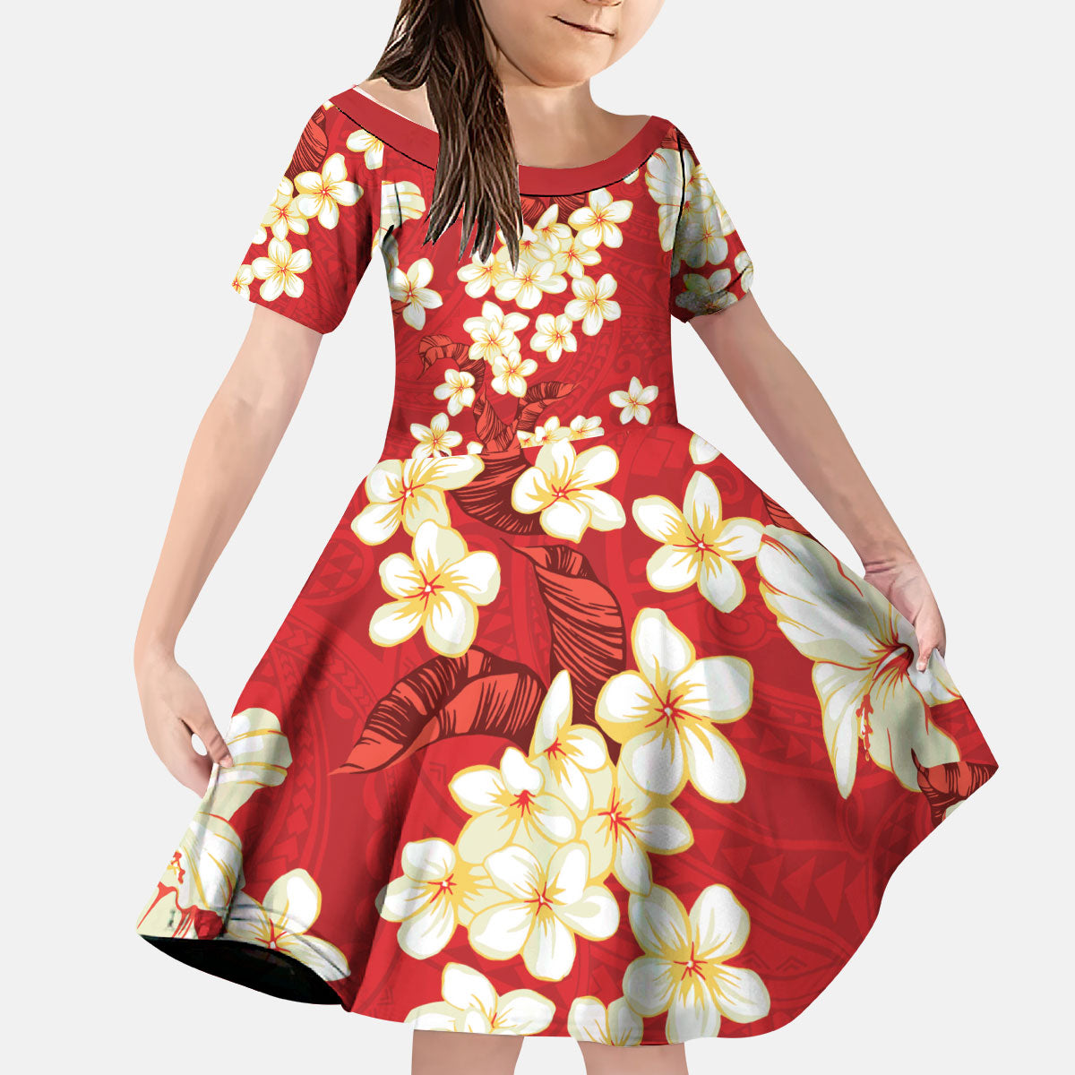Hawaii Hibiscus Plumeria Red Kid Short Sleeve Dress Polynesian Pattern LT01 KID Red - Polynesian Pride