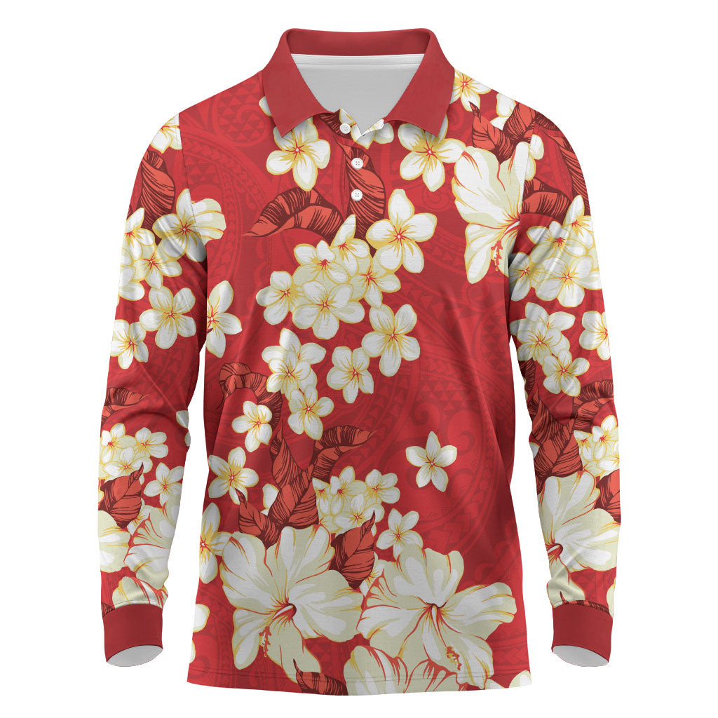 Hawaii Hibiscus Plumeria Red Long Sleeve Polo Shirt Polynesian Pattern LT01 Red - Polynesian Pride