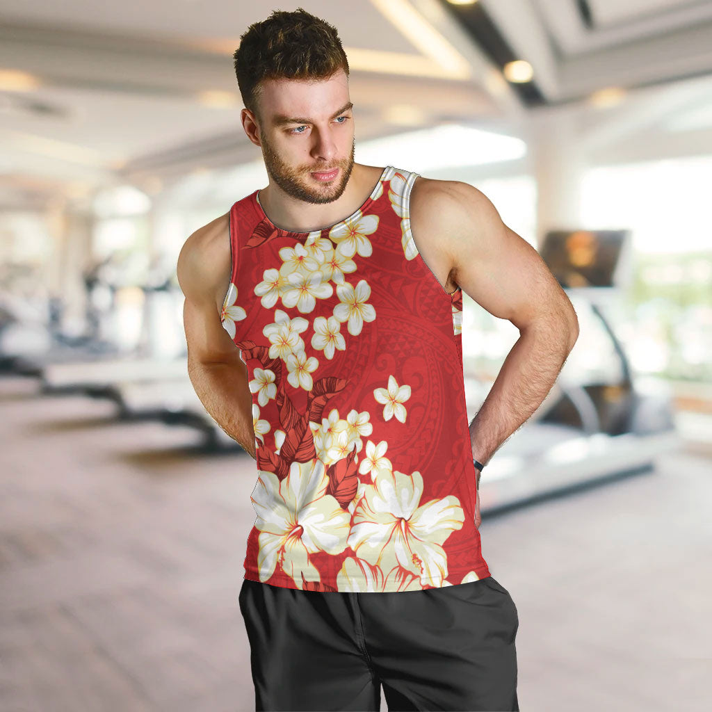 Hawaii Hibiscus Plumeria Red Men Tank Top Polynesian Pattern
