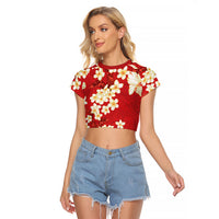 Hawaii Hibiscus Plumeria Red Raglan Cropped T Shirt Polynesian Pattern LT01 Female Red - Polynesian Pride