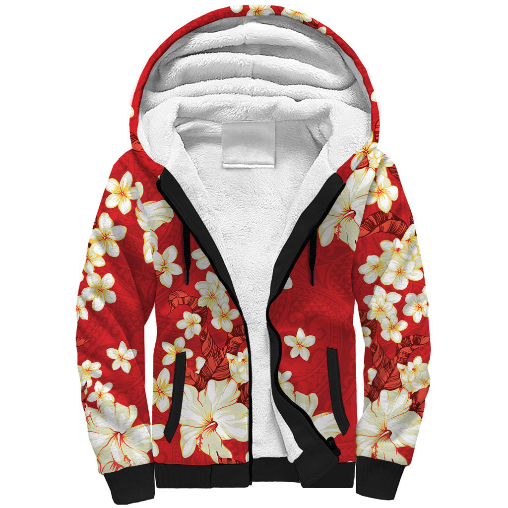 Hawaii Hibiscus Plumeria Red Sherpa Hoodie Polynesian Pattern