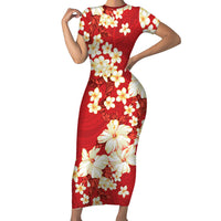 Hawaii Hibiscus Plumeria Red Short Sleeve Bodycon Dress Polynesian Pattern LT01 Long Dress Red - Polynesian Pride