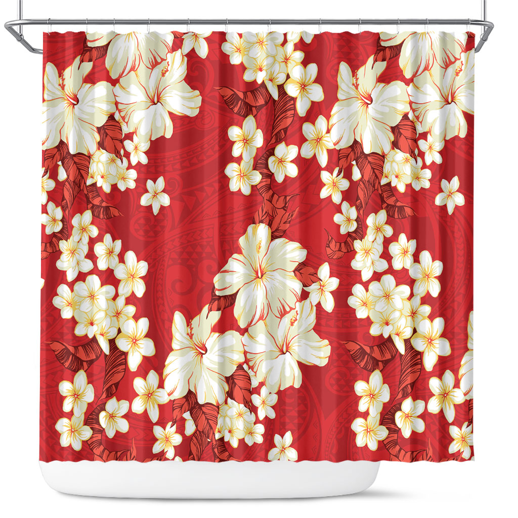 Hawaii Hibiscus Plumeria Red Shower Curtain Polynesian Pattern