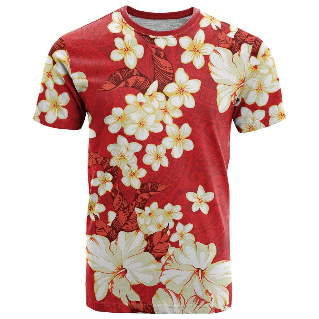 Hawaii Hibiscus Plumeria Red T Shirt Polynesian Pattern