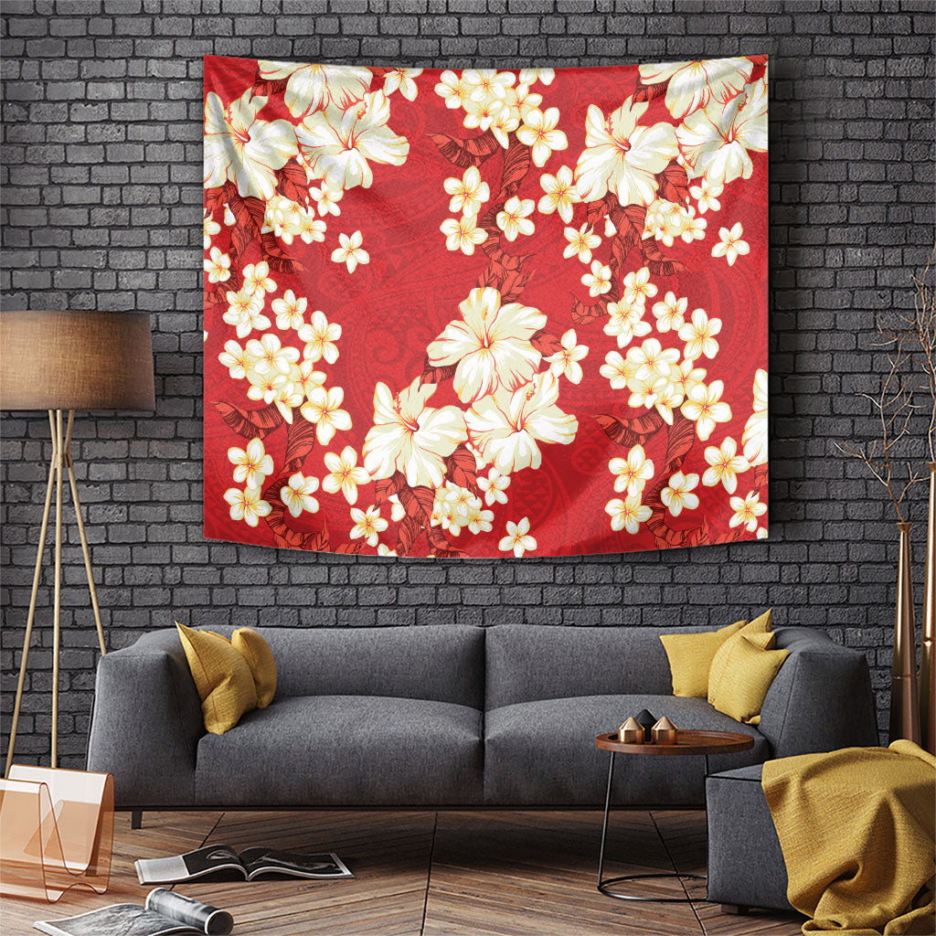 Hawaii Hibiscus Plumeria Red Tapestry Polynesian Pattern