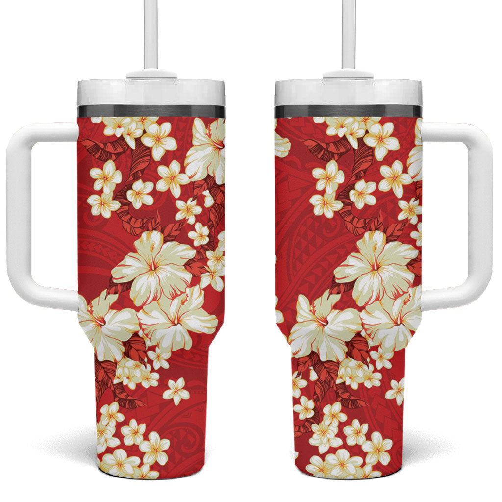 Hawaii Hibiscus Plumeria Red Tumbler With Handle Polynesian Pattern