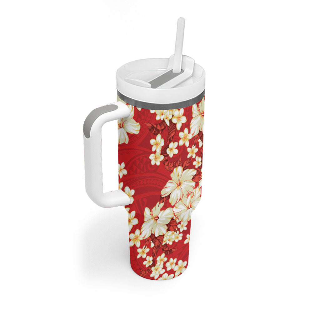 Hawaii Hibiscus Plumeria Red Tumbler With Handle Polynesian Pattern