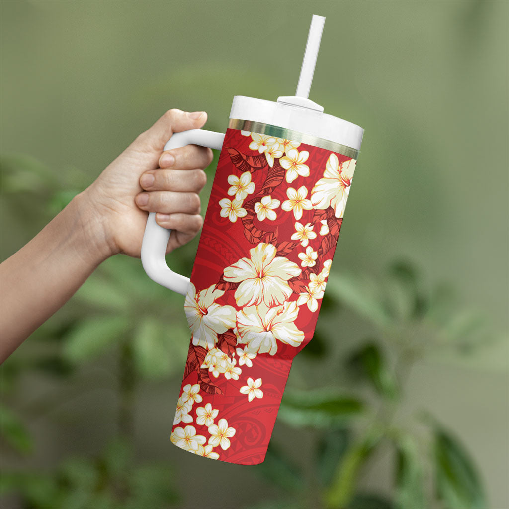 Hawaii Hibiscus Plumeria Red Tumbler With Handle Polynesian Pattern